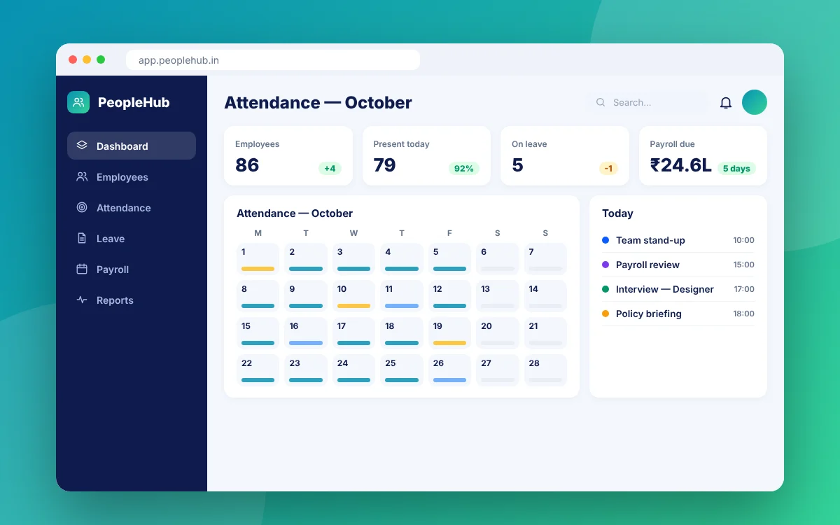 HR, Attendance & Payroll Software — sample design preview